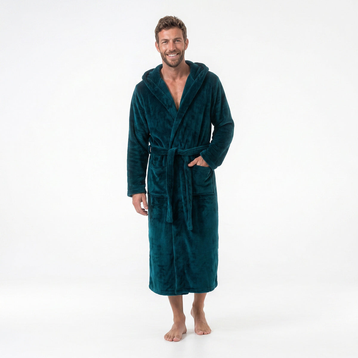 GAUBERT unisex fleece bathrobe with hood, long, teal