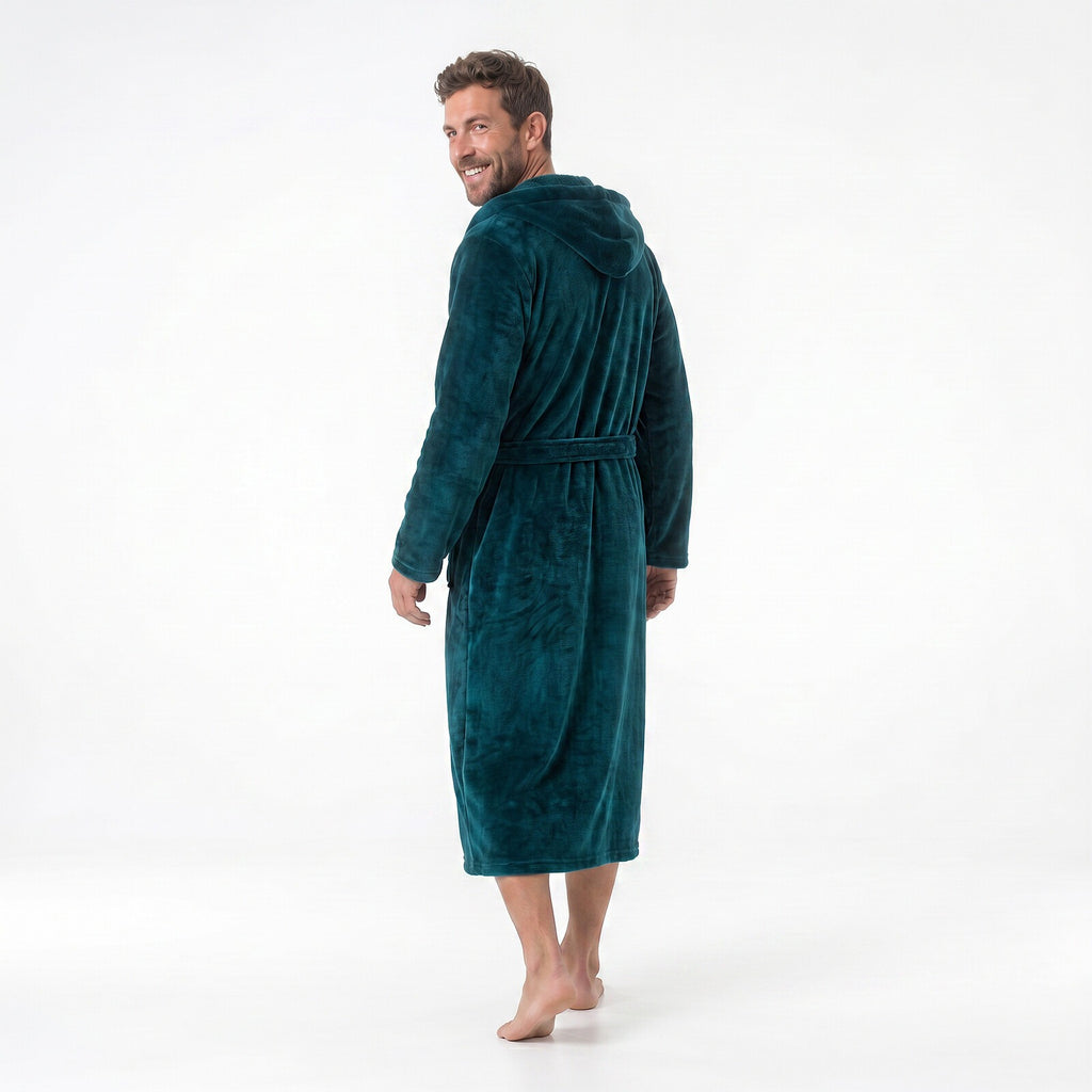 GAUBERT unisex fleece bathrobe with hood, long, teal