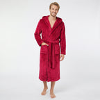 GAUBERT unisex fleece bathrobe with hood, long, burgundy
