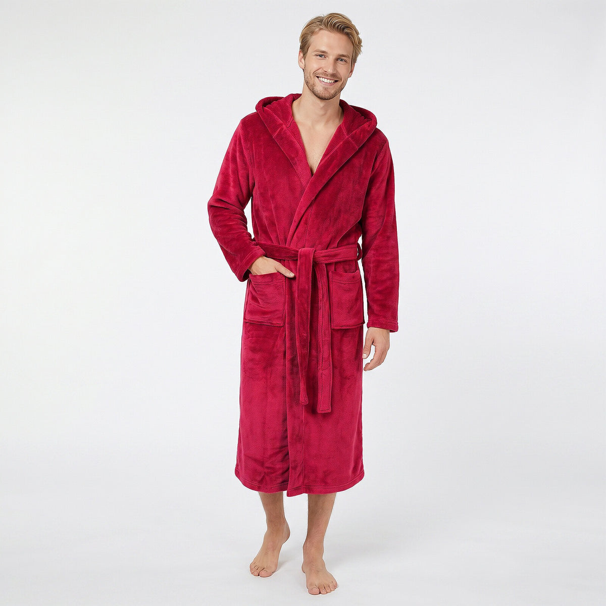 GAUBERT unisex fleece bathrobe with hood, long, burgundy