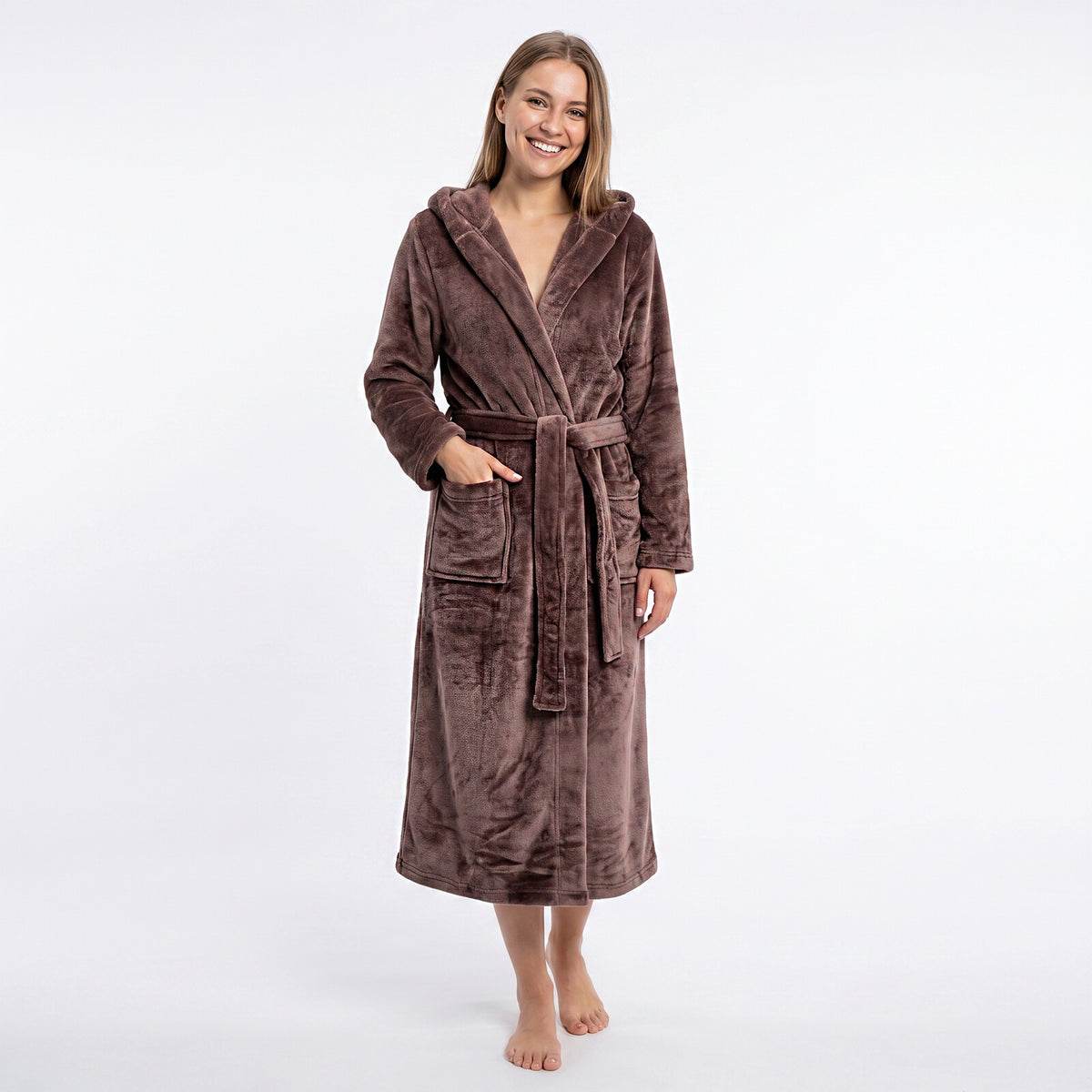 GAUBERT unisex fleece bathrobe with hood, long, coffee brown