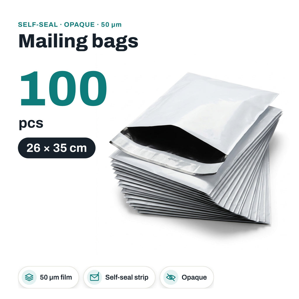 RIVEN24 poly mailing bags, 260 x 350 mm, 50 µm, white, 100 pcs