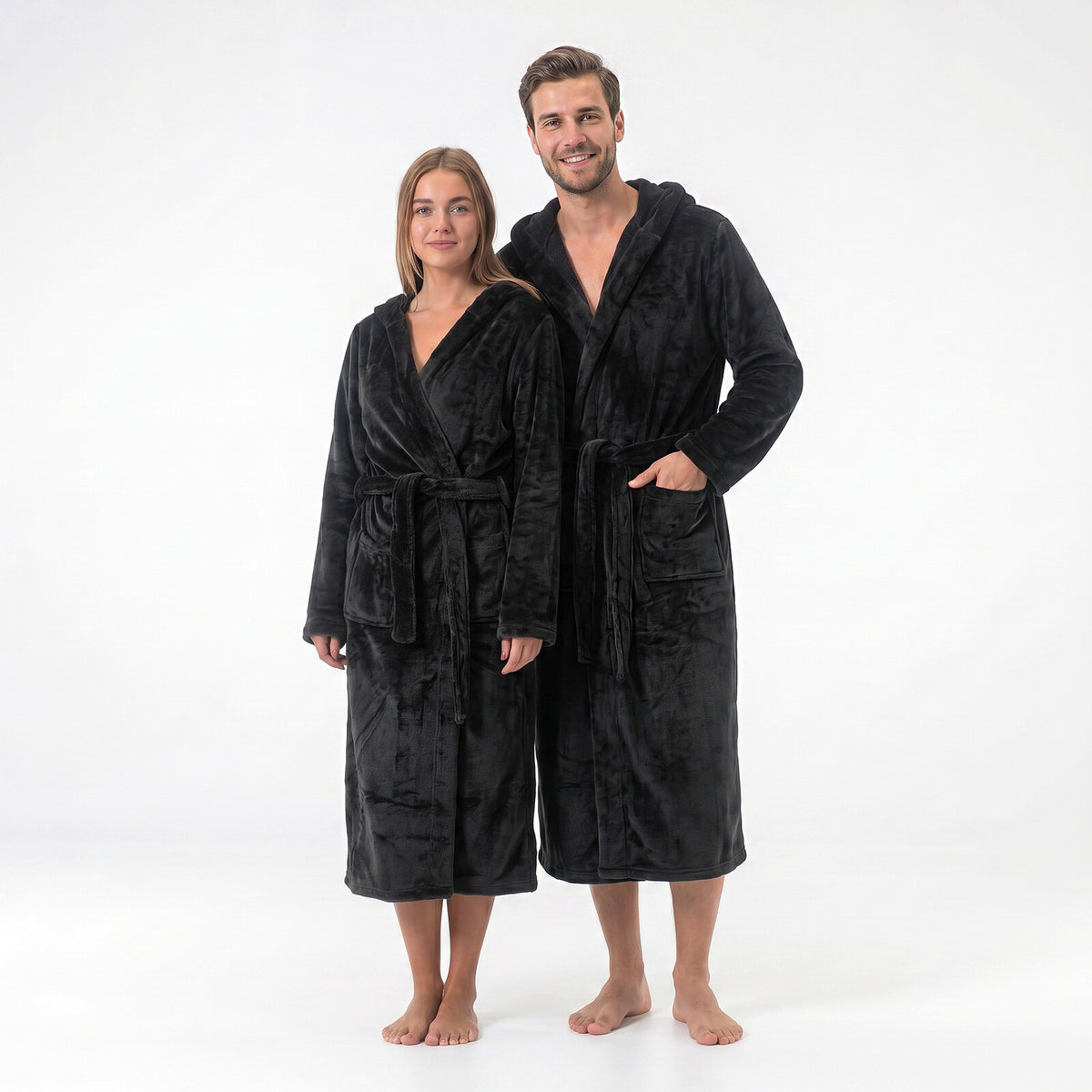GAUBERT unisex fleece bathrobe with hood, long, black