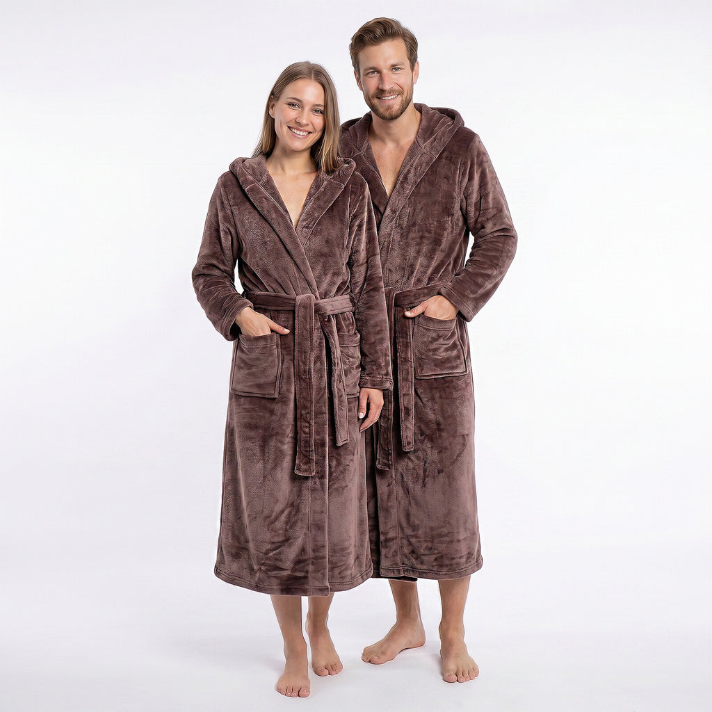GAUBERT unisex fleece bathrobe with hood, long, coffee brown