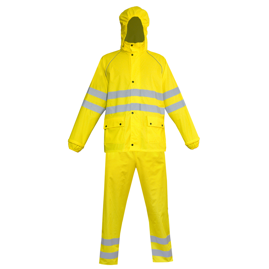 High-visibility yellow PU rain suit