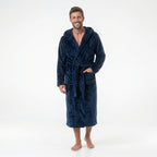 GAUBERT unisex fleece bathrobe with hood, long, navy