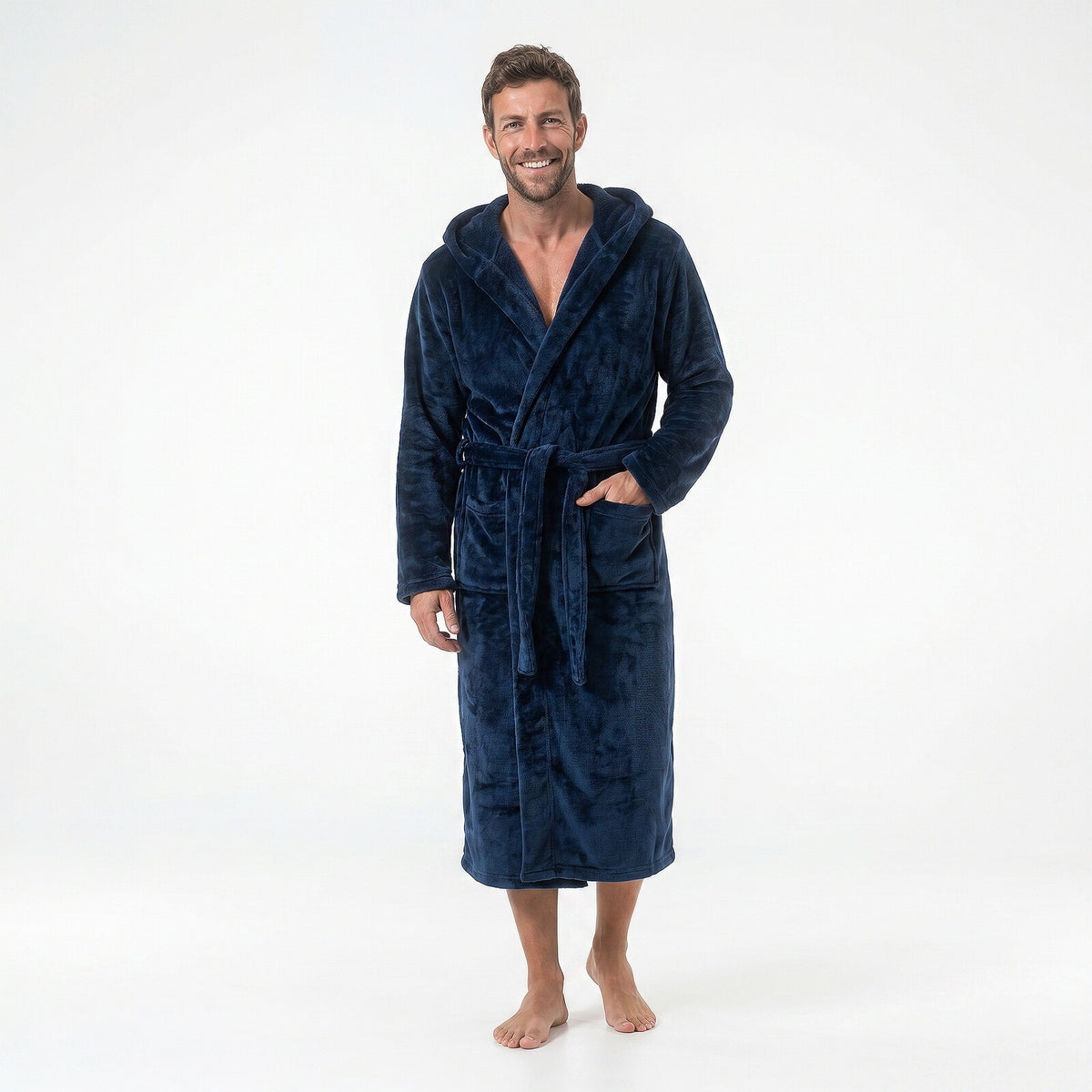 GAUBERT unisex fleece bathrobe with hood, long, navy