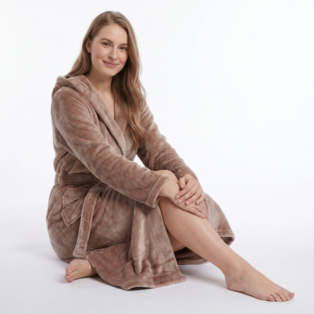 GAUBERT unisex fleece bathrobe with hood, long, sand