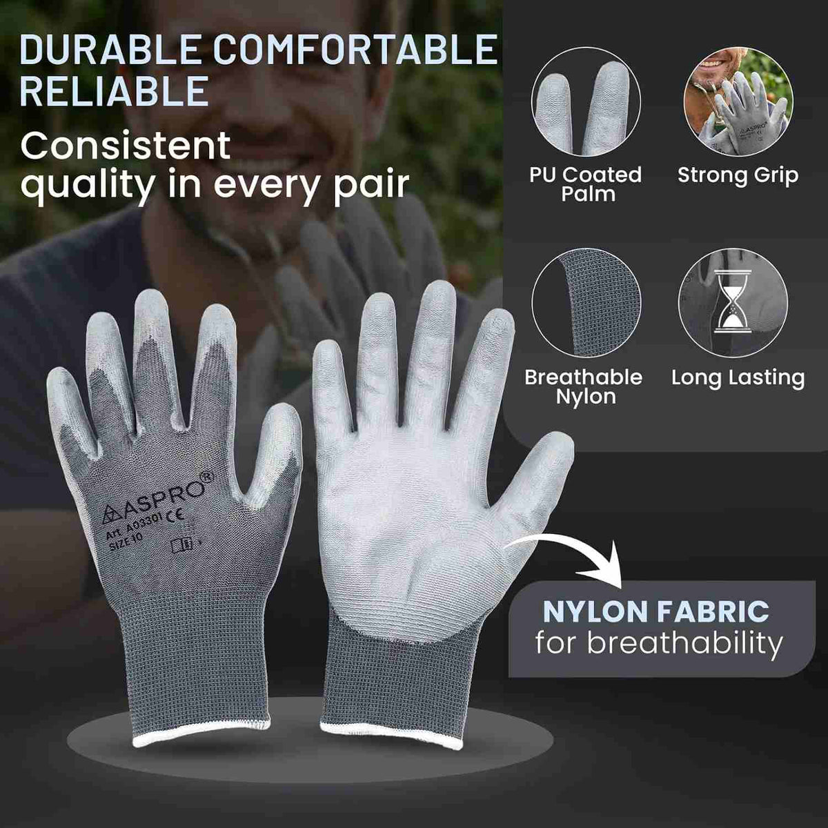 PU coated work gloves, grey, 12 pairs, individually packed