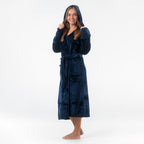 GAUBERT unisex fleece bathrobe with hood, long, navy