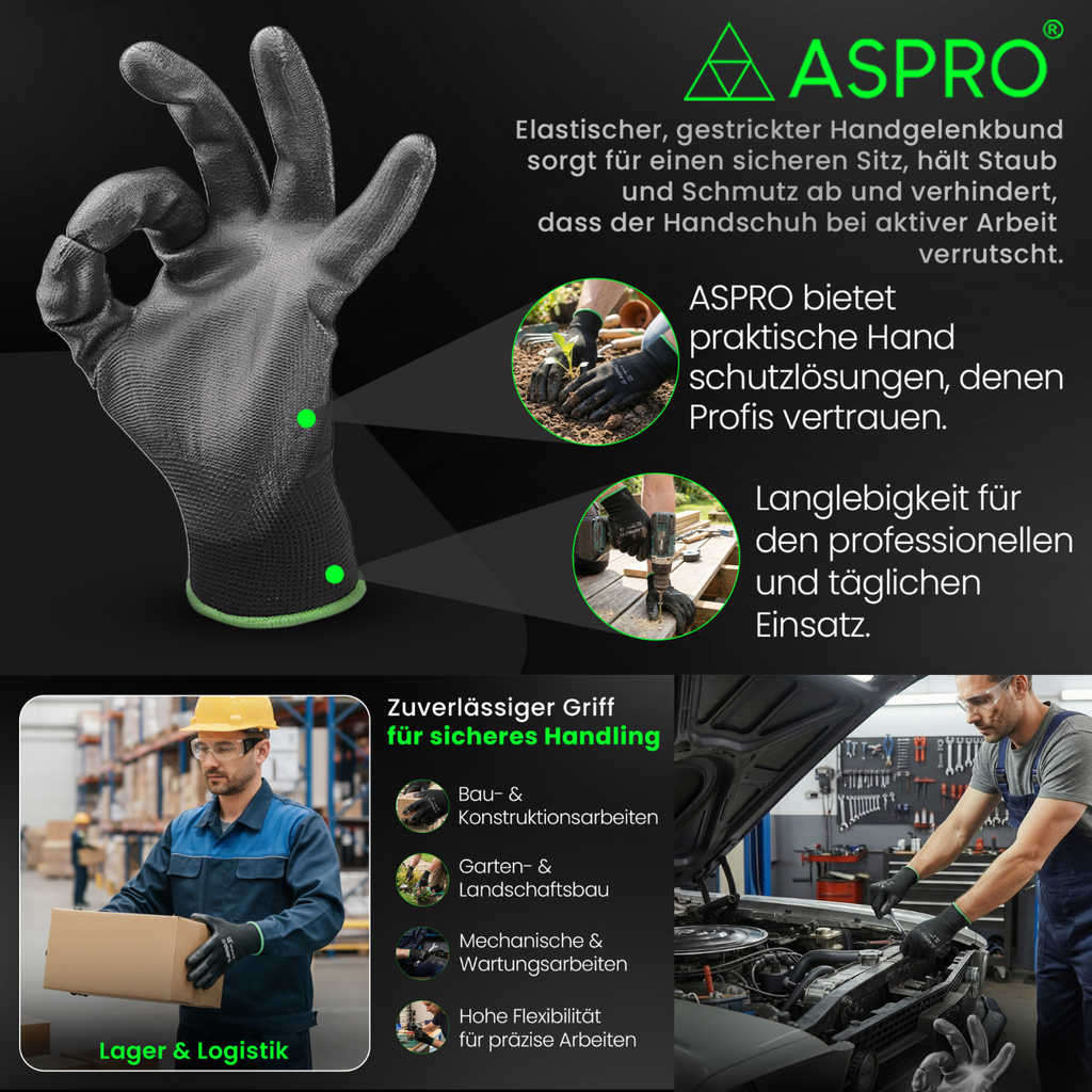 Polyester work gloves with PU palm, black, 12 pairs, individually packed