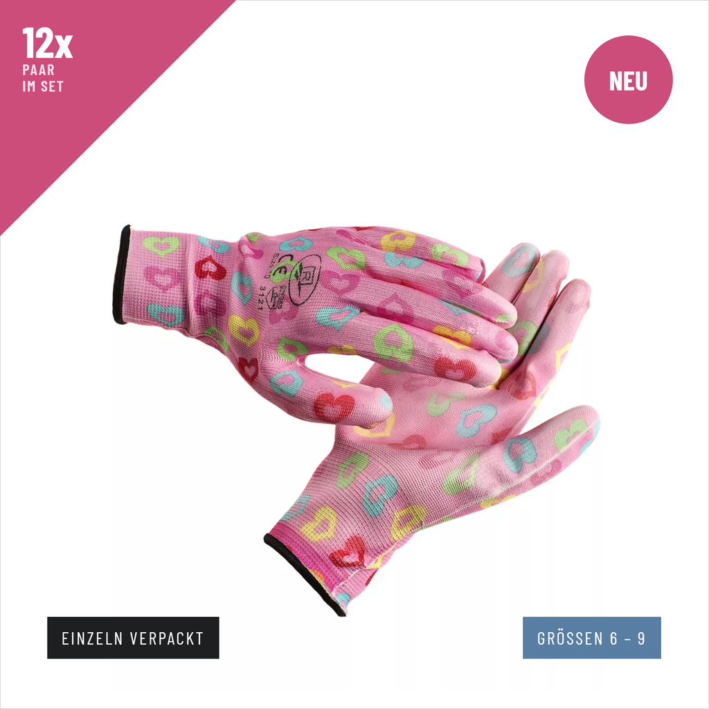 Patterned garden gloves with PU coating, pink, 12 pairs, individually packed