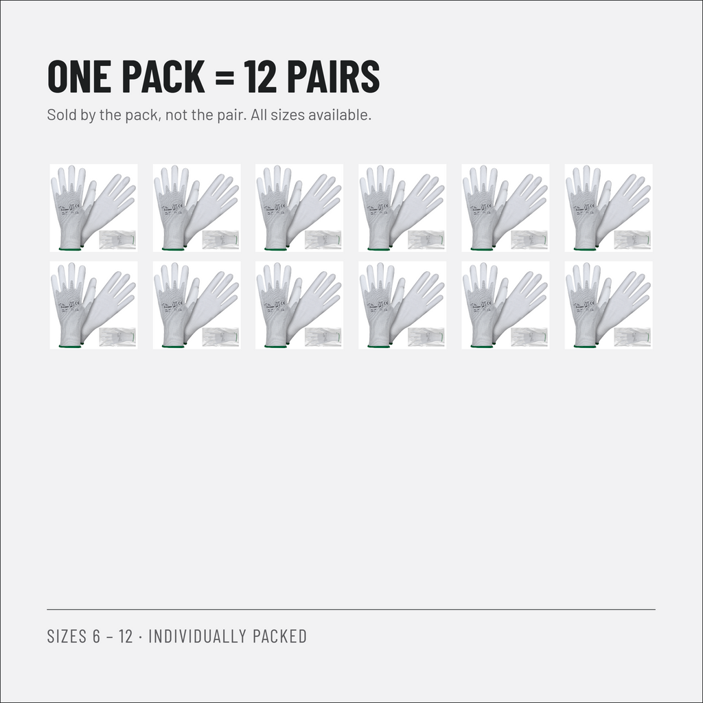 PU coated work gloves, white, 12 pairs, individually packed
