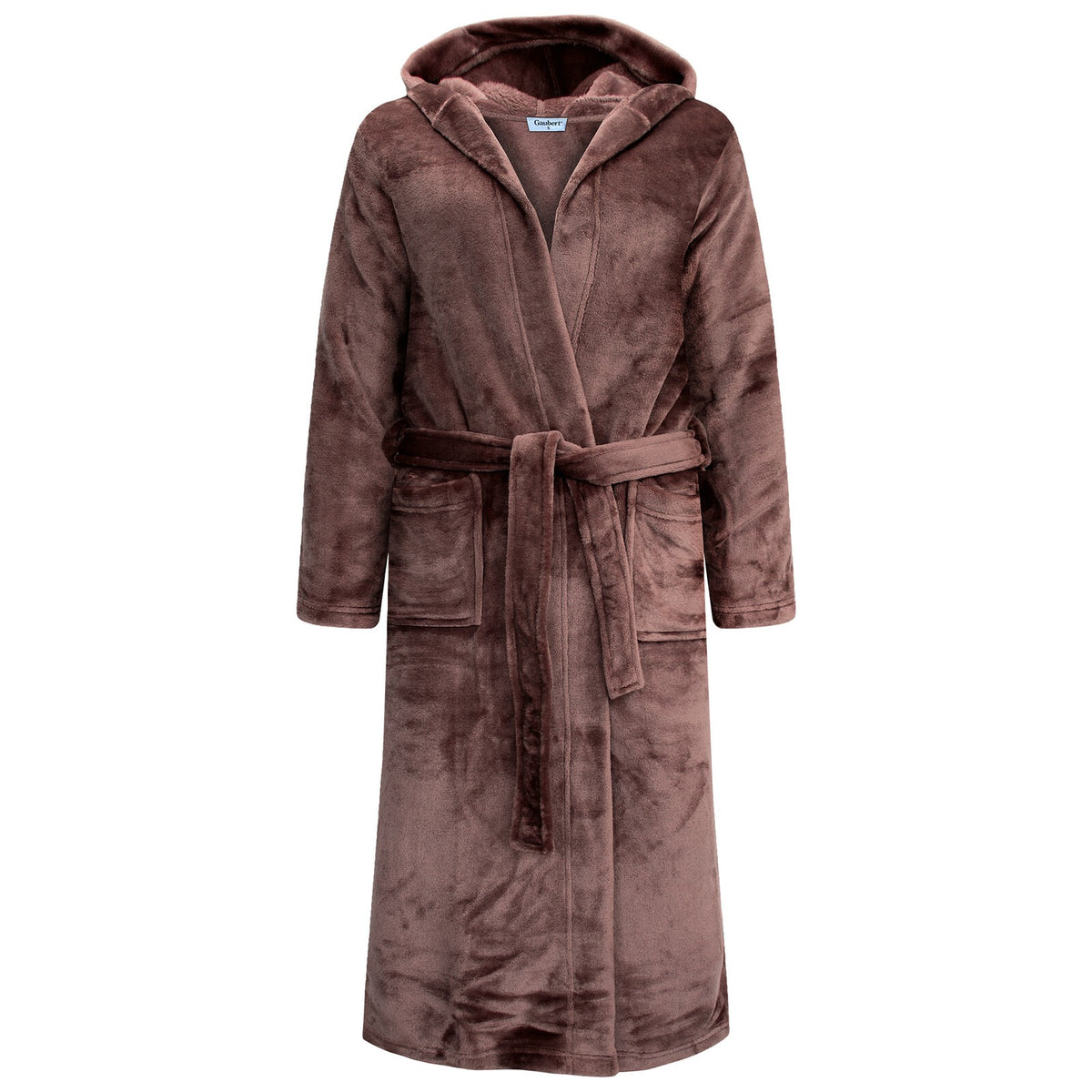 GAUBERT unisex fleece bathrobe with hood, long, coffee brown