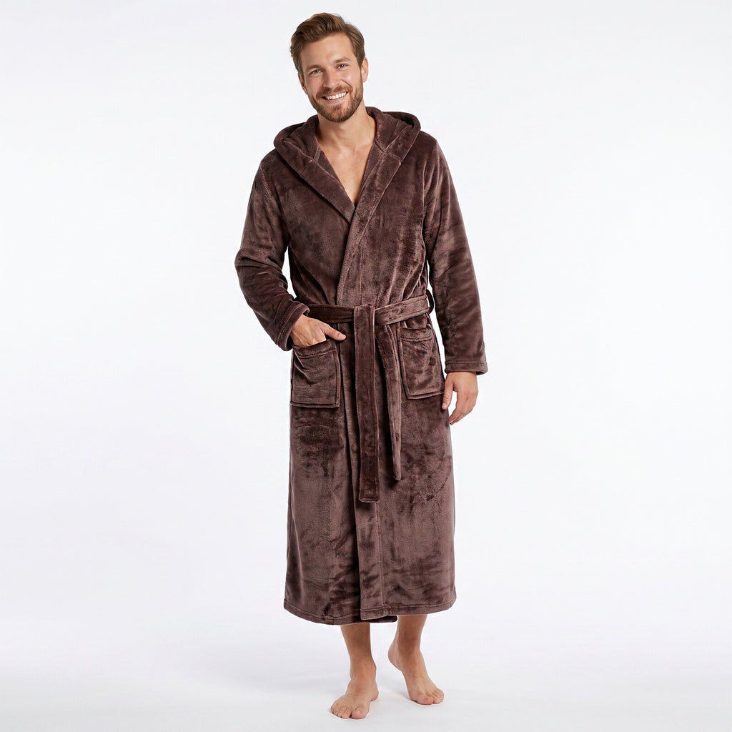 GAUBERT unisex fleece bathrobe with hood, long, coffee brown