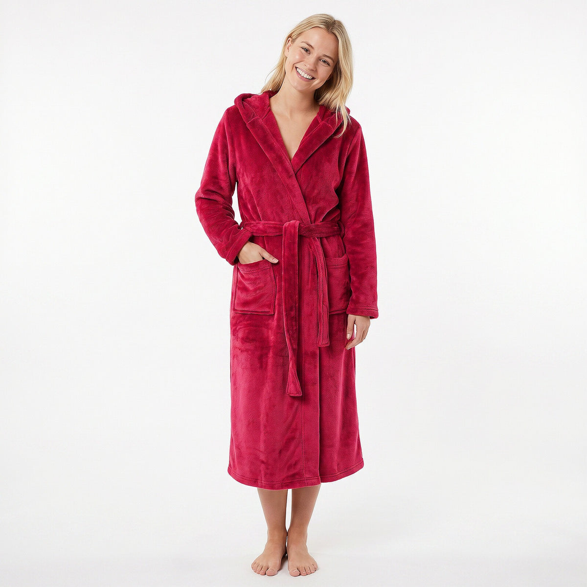 GAUBERT unisex fleece bathrobe with hood, long, burgundy