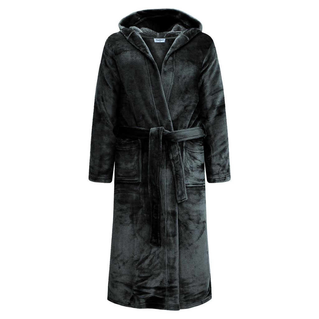 GAUBERT unisex fleece bathrobe with hood, long, black