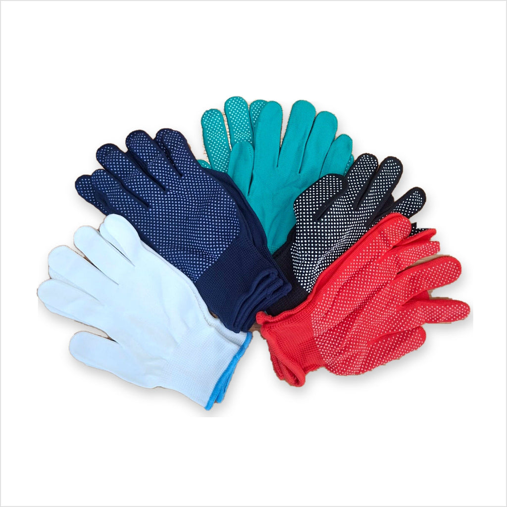 Riven Supply knitted nylon gloves with PVC dots, assorted colours, 10 pairs