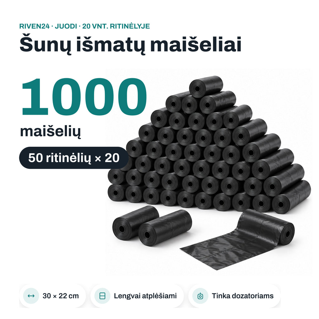 RIVEN24 dog poop bags, black, 1000 pcs (50 rolls × 20), 30 × 22 cm