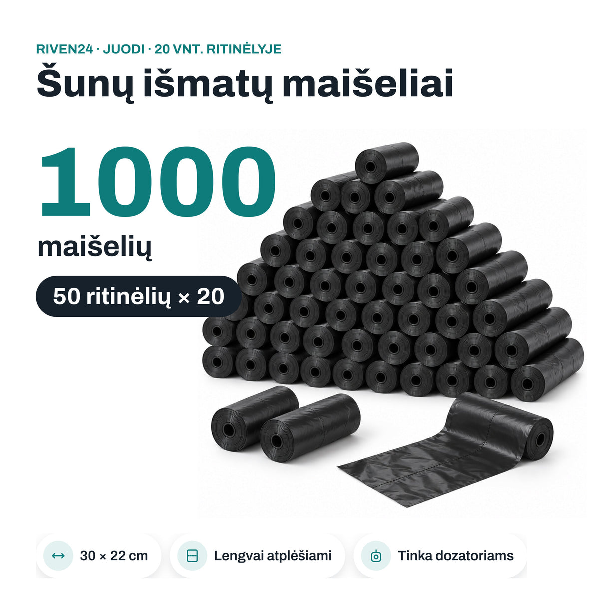 RIVEN24 dog poop bags, black, 1000 pcs (50 rolls × 20), 30 × 22 cm